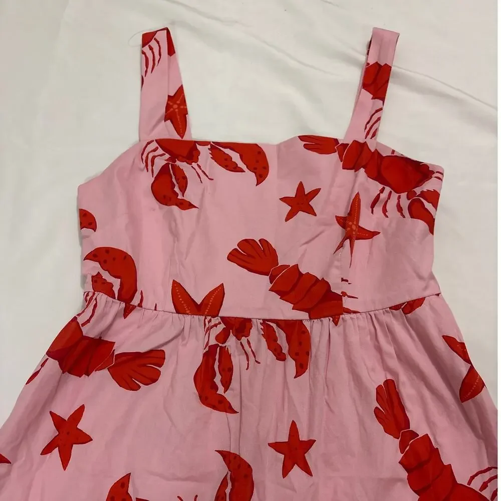 J.Crew Womens 6 Pink Red Lobster Print Tiered Midi Dress Vacation Girly Beachy
